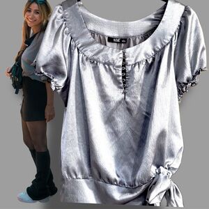 a.n.a Silver Metallic Short Sleeve Buttoned Tie Front Blouse